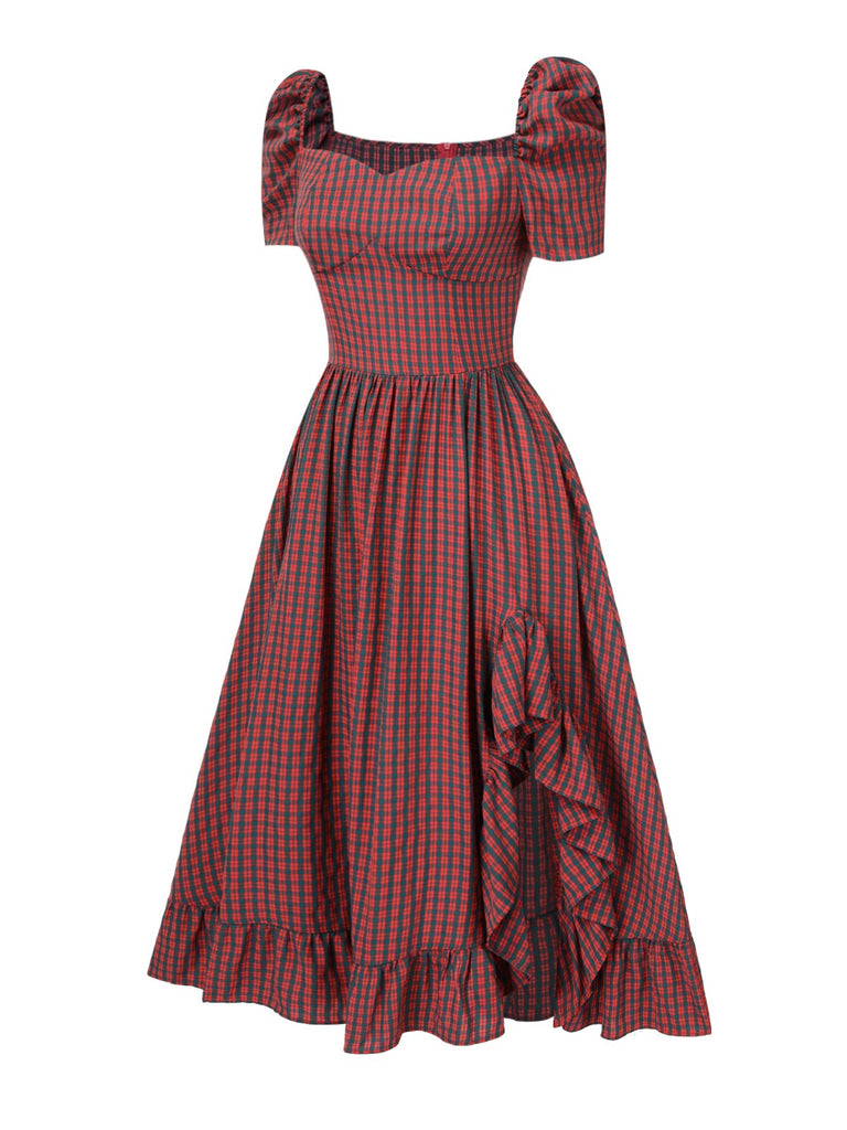 [Pre-Sale] Red 1950s Sweetheart Plaids Puff Sleeve Slit Dress