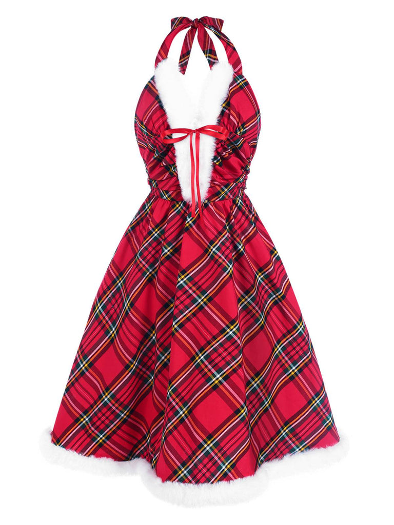 [Pre-Sale] Red 1950s Scottish Plaid Plush Halter Dress