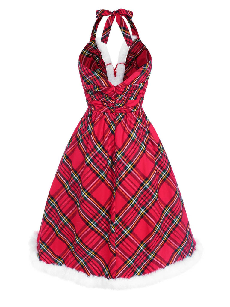 [Pre-Sale] Red 1950s Scottish Plaid Plush Halter Dress