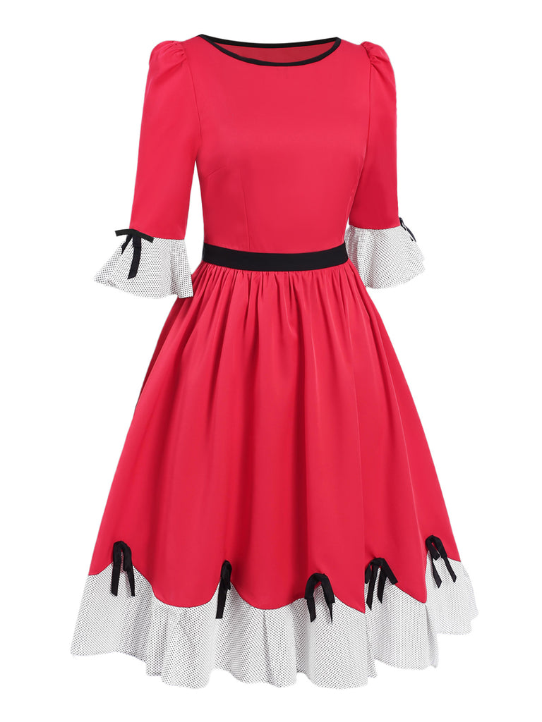 [Pre-Sale] Red 1950s Polka Dots Patchwork Bow Dress