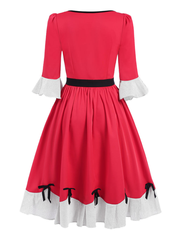 [Pre-Sale] Red 1950s Polka Dots Patchwork Bow Dress