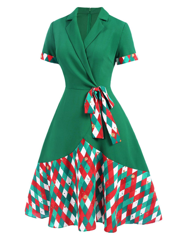 [Pre-Sale] Green 1940s Colorful Plaid Notched Collar Dress