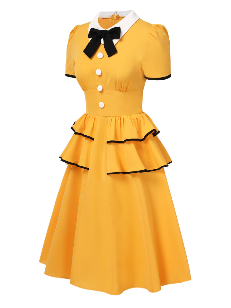 [Pre-Sale] Yellow 1950s Lapel Bow Tie Layered Ruffle Dress