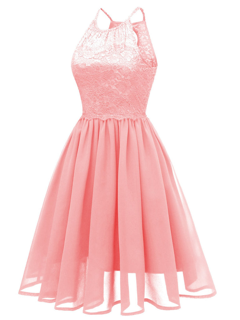 Pink 1950s Back-Hollow Crew Halter Dress