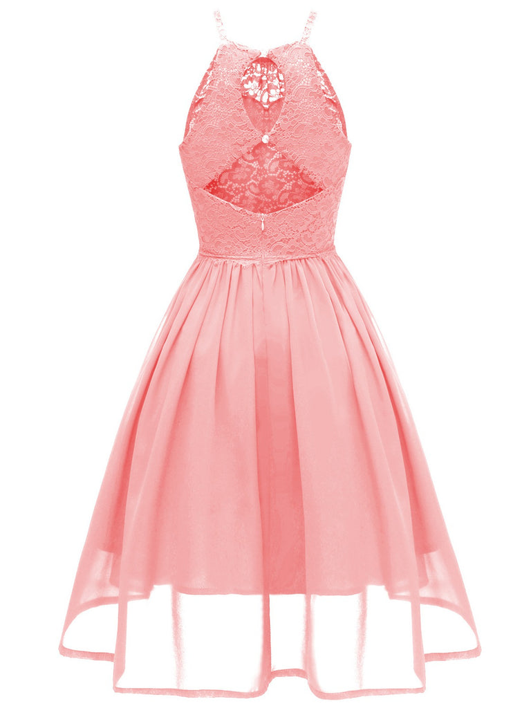 Pink 1950s Back-Hollow Crew Halter Dress