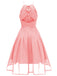 Pink 1950s Back-Hollow Crew Halter Dress