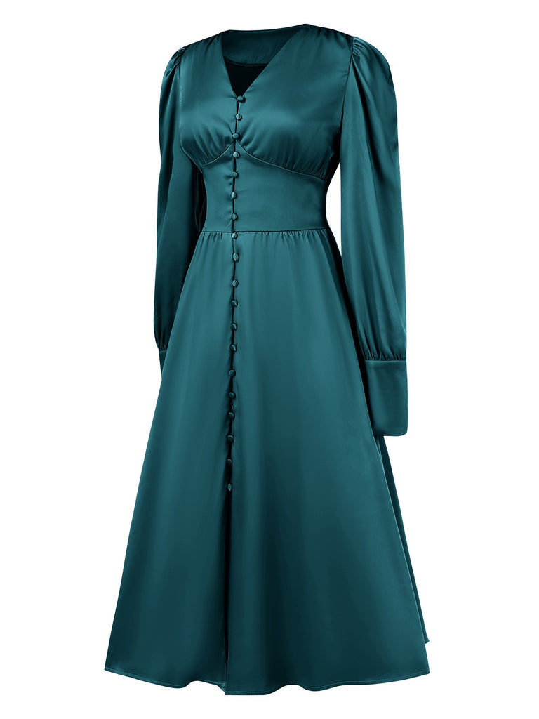 1940s Solid V-Neck Faux Satin Button Dress