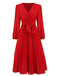 Red 1940s V-Neck Solid Pleated Dress