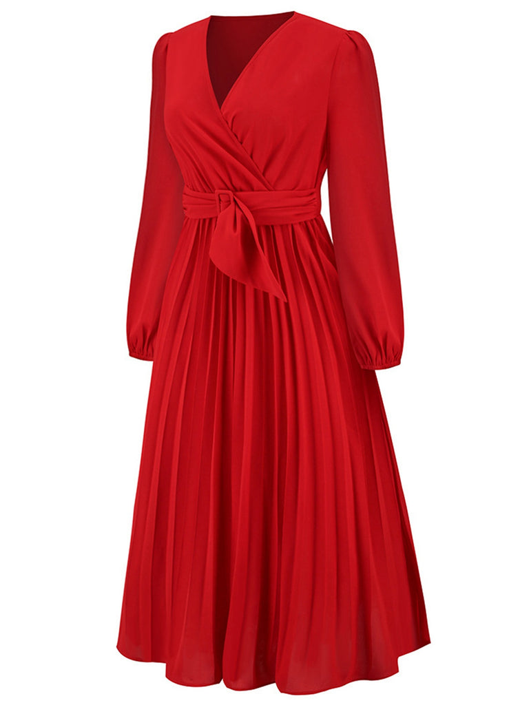 Red 1940s V-Neck Solid Pleated Dress