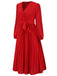 Red 1940s V-Neck Solid Pleated Dress