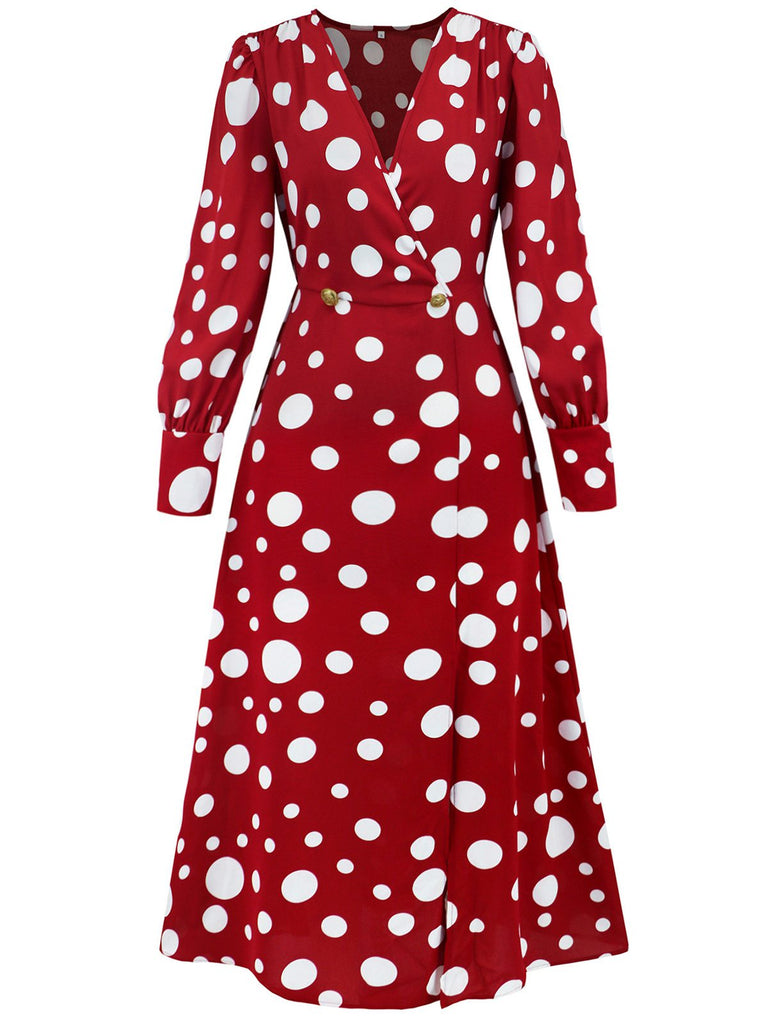 1940s Vintage Polka Dots Long Sleeve Slit Dress