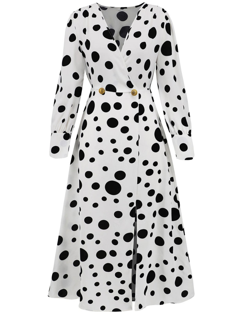 1940s Vintage Polka Dots Long Sleeve Slit Dress