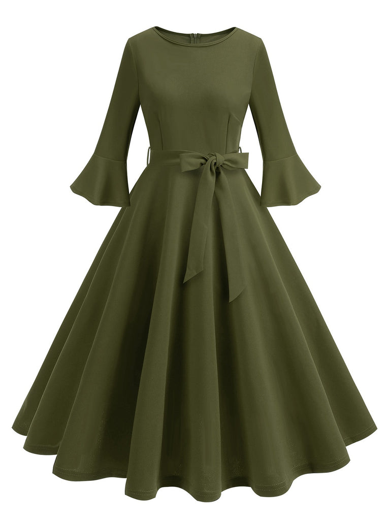 1950s Solid Bell Sleeves Swing Dress