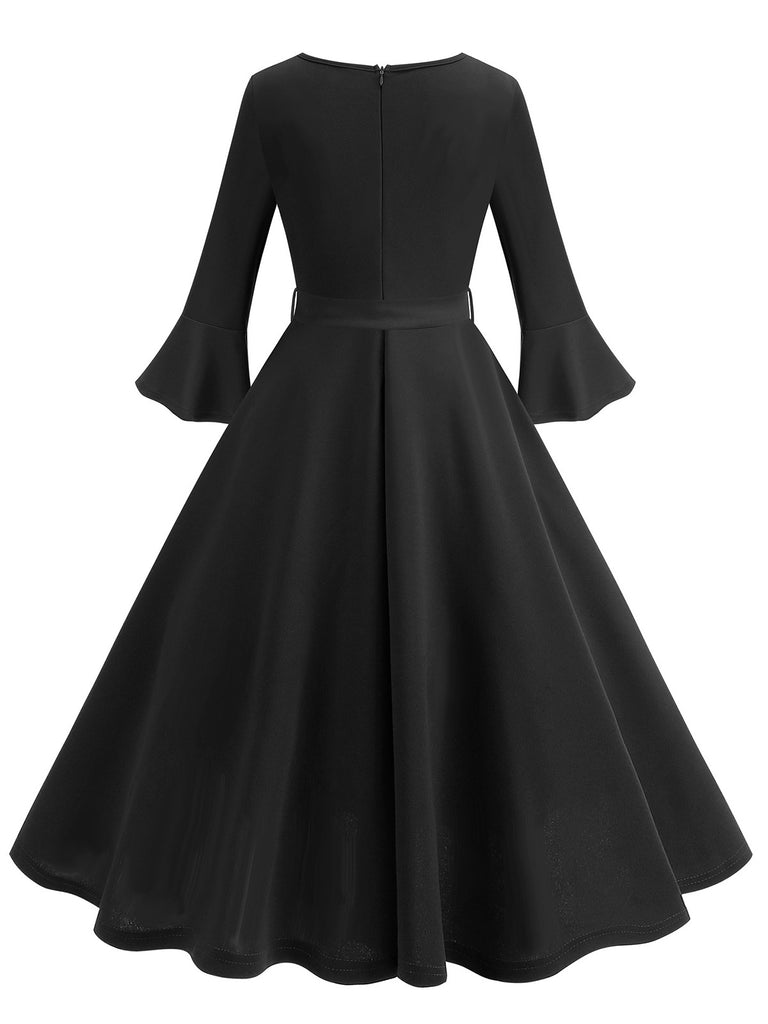 1950s Solid Bell Sleeves Swing Dress