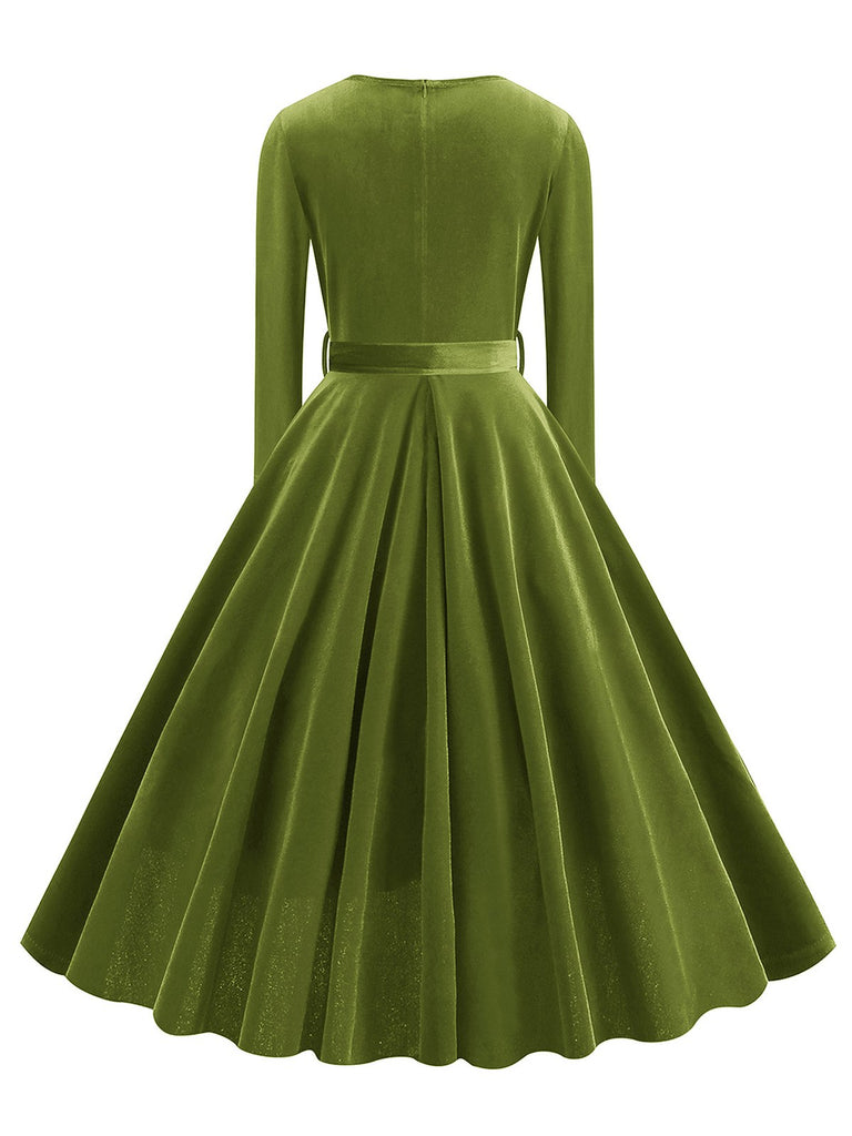 1950s Solid Velvet V-Neck Swing Dress