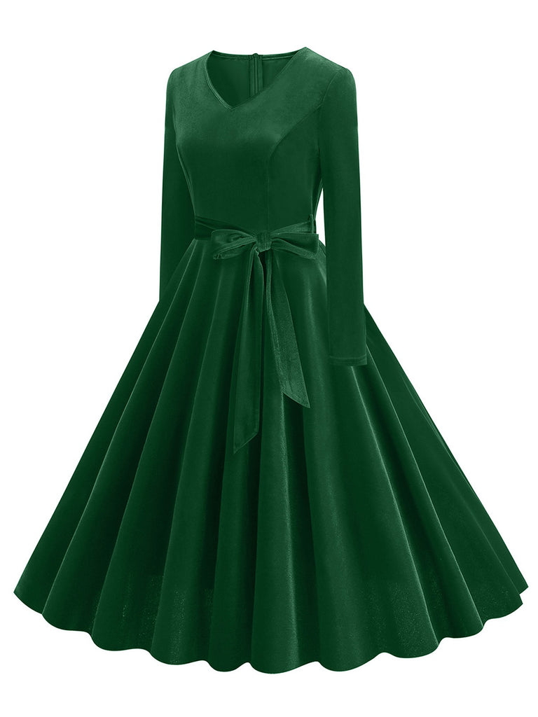 1950s Solid Velvet V-Neck Swing Dress