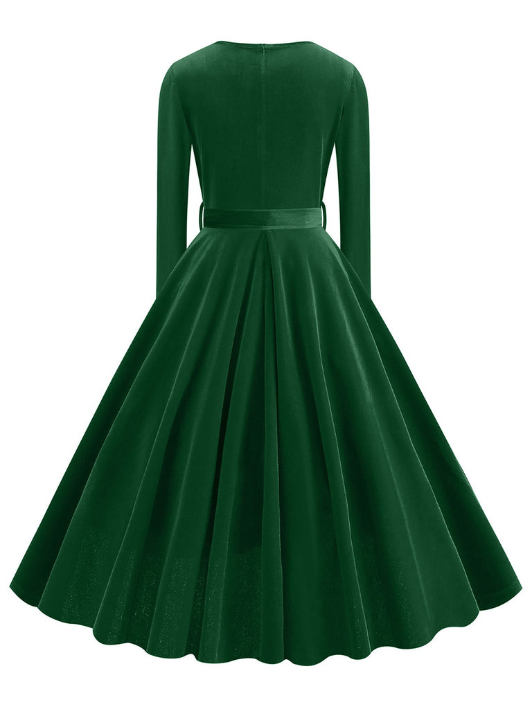 1950s Solid Velvet V-Neck Swing Dress