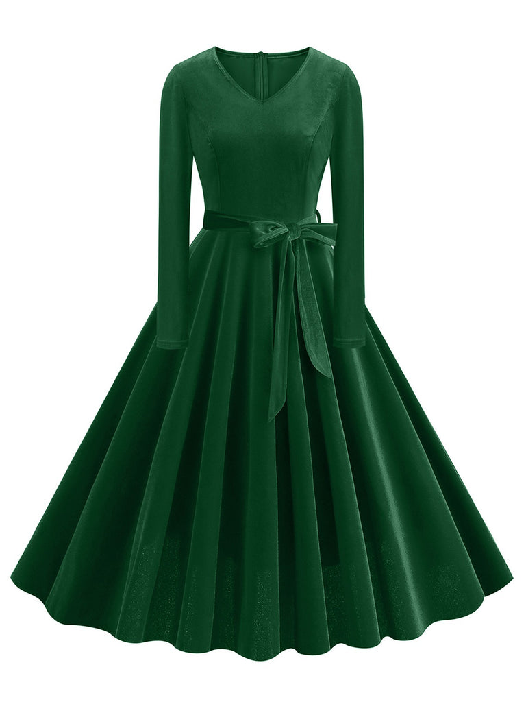 1950s Solid Velvet V-Neck Swing Dress