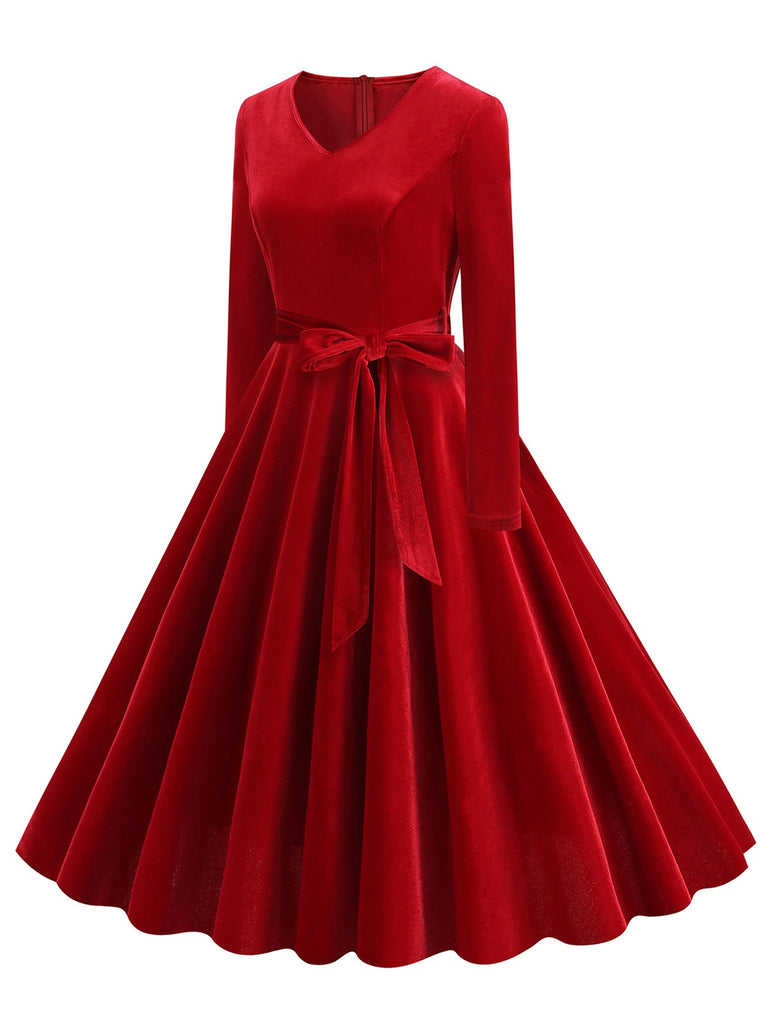 1950s Solid Velvet V-Neck Swing Dress