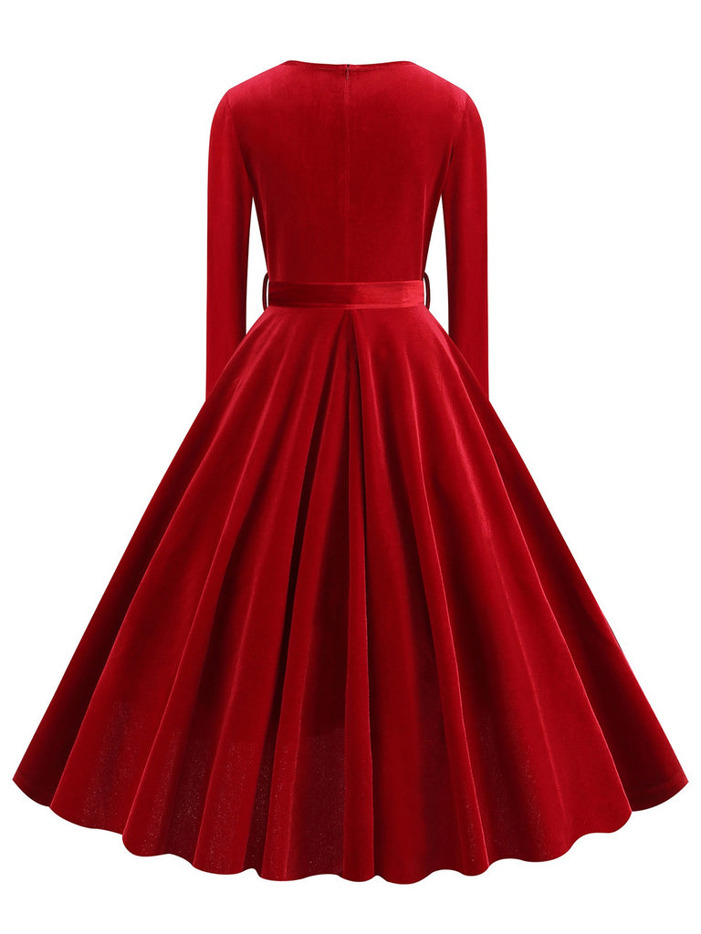 1950s Solid Velvet V-Neck Swing Dress