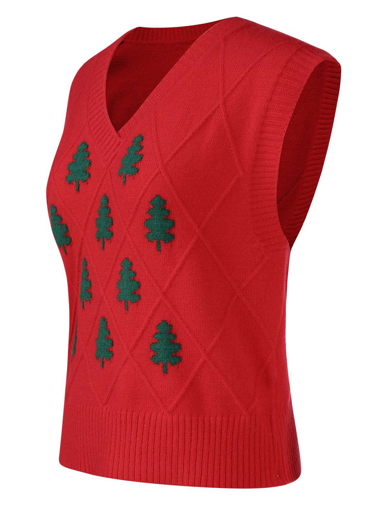 Red 1980s Christmas Tree Sweater Vest