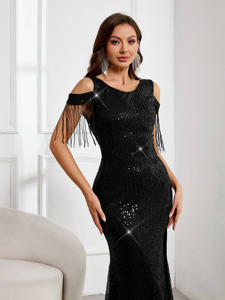 Black 1920s Cold-Shoulder Split Sequined Dress