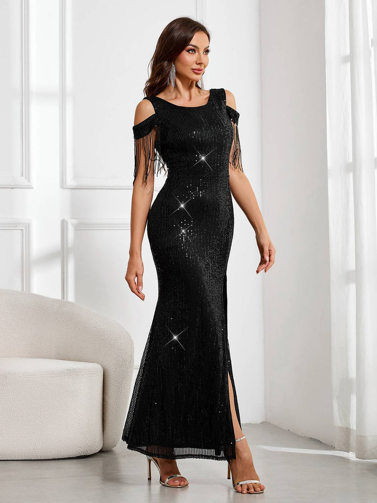 Black 1920s Cold-Shoulder Split Sequined Dress