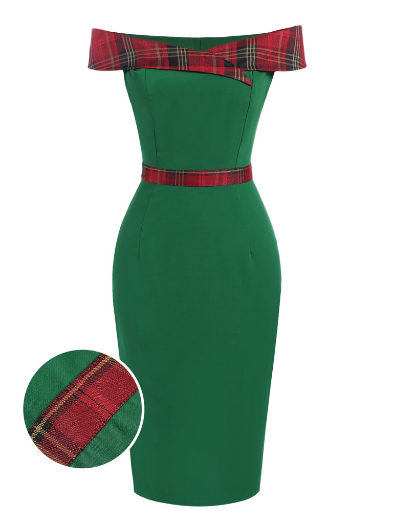 Green 1960s Tartan Patchwork Off-Shoulder Dress