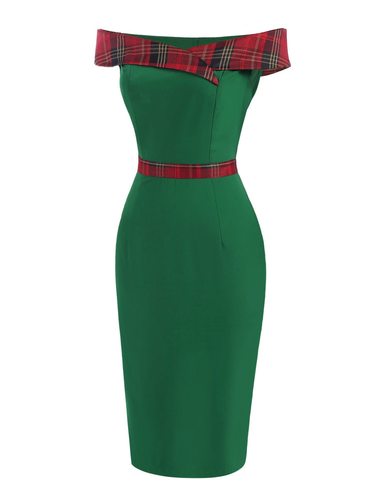 Green 1960s Tartan Patchwork Off-Shoulder Dress