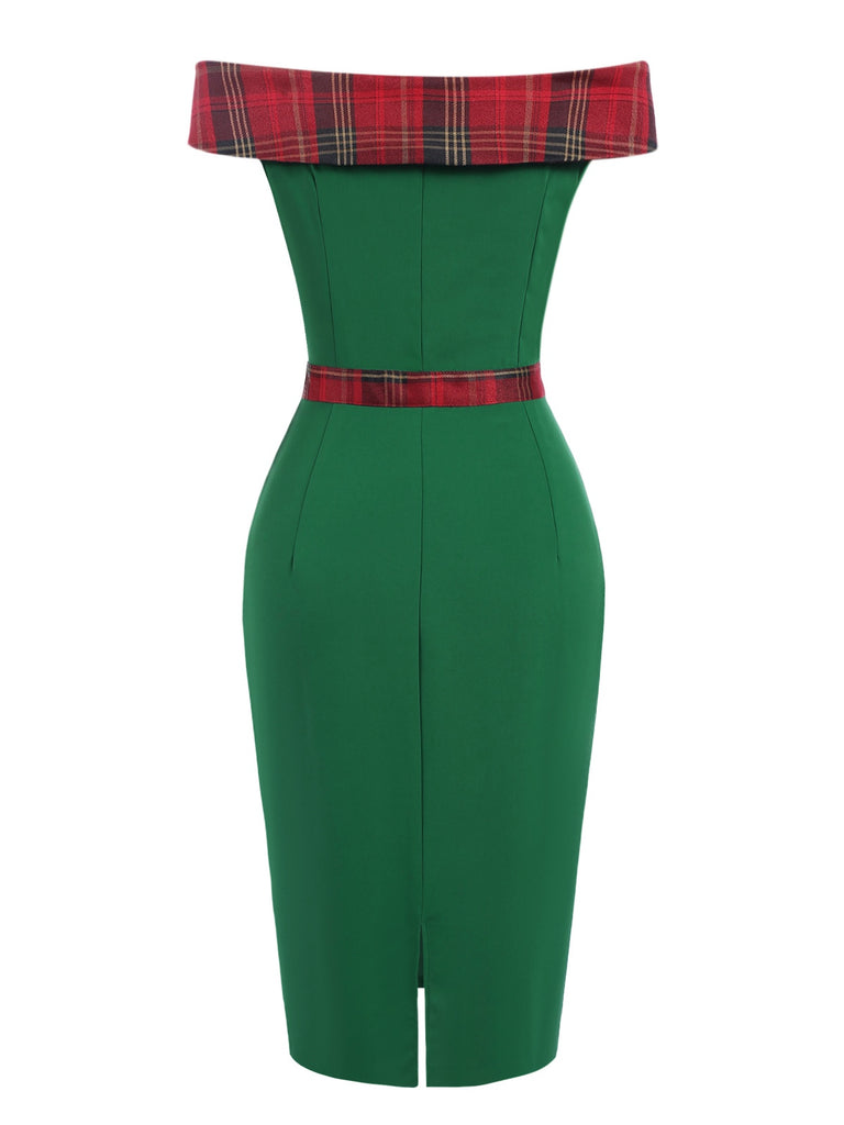 Green 1960s Tartan Patchwork Off-Shoulder Dress