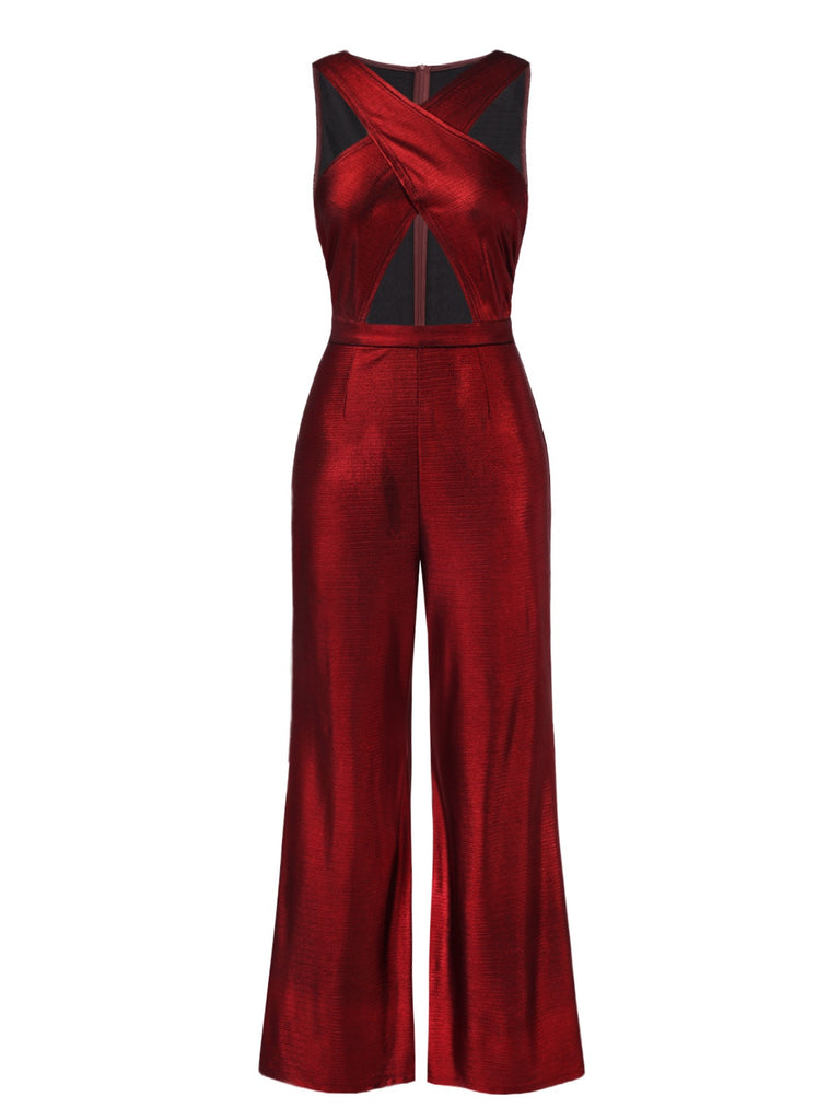 [Pre-Sale] Red 1960s Solid Cross Halter Neck Jumpsuit