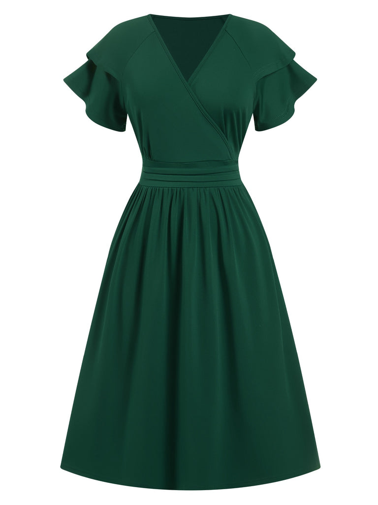 1940s Solid Double Sleeves V-Neck Dress