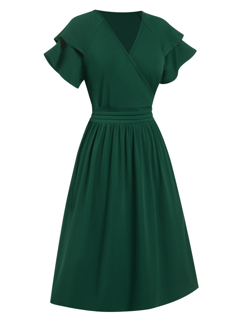 1940s Solid Double Sleeves V-Neck Dress