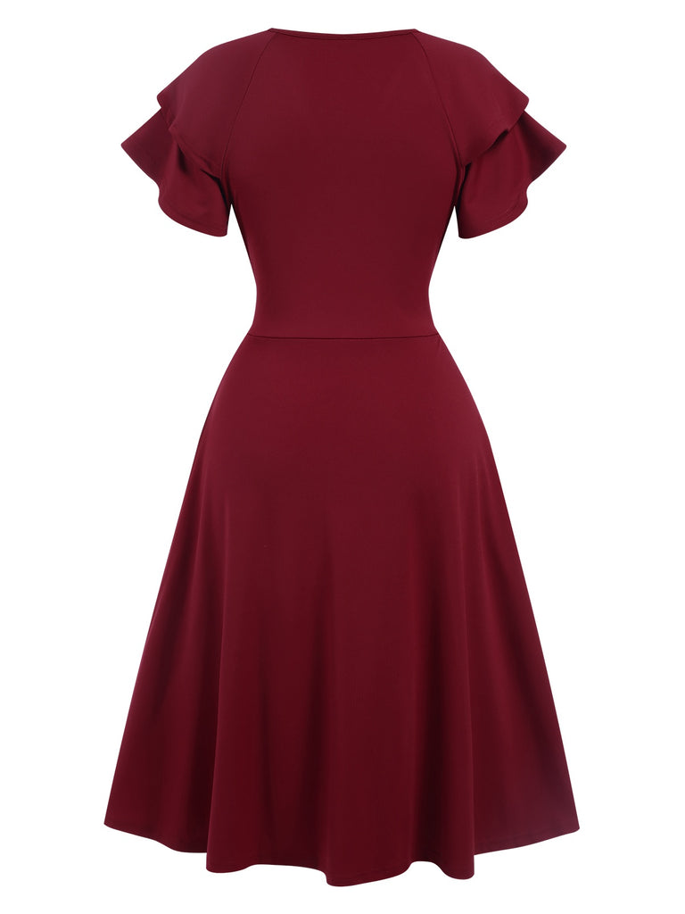 1940s Solid Double Sleeves V-Neck Dress