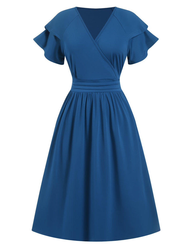 1940s Solid Double Sleeves V-Neck Dress