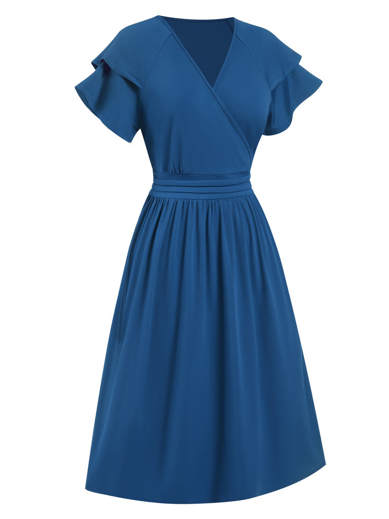 1940s Solid Double Sleeves V-Neck Dress