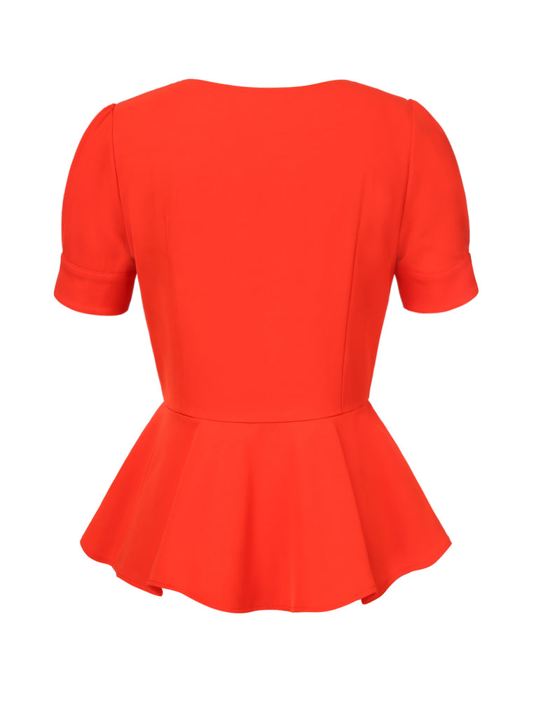 [Pre-Sale] Orange Red 1960s V-Neck Rose Button Top