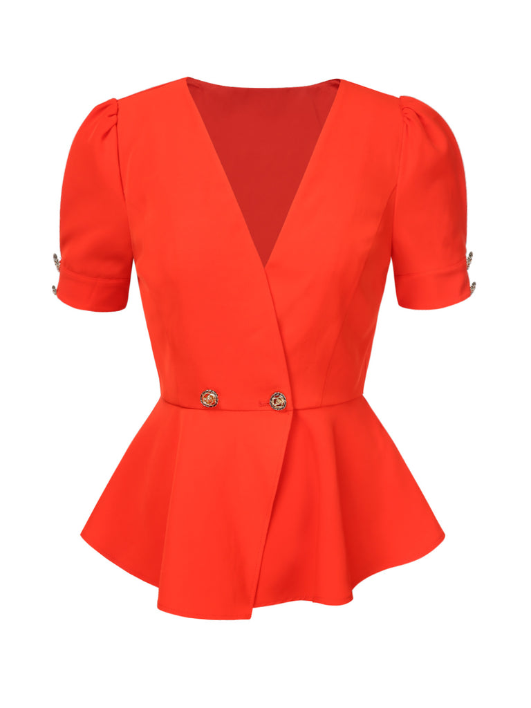 [Pre-Sale] 2PCS Orange Red 1960s V-Neck Rose Button & Solid Skirt