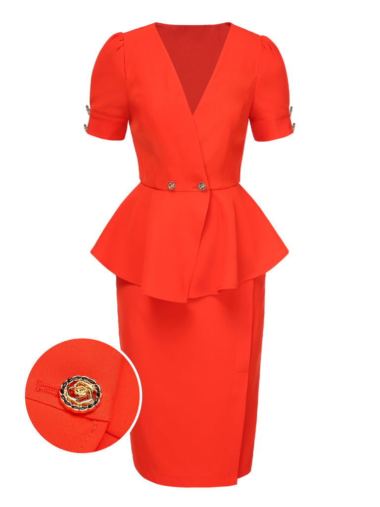 [Pre-Sale] 2PCS Orange Red 1960s V-Neck Rose Button & Solid Skirt