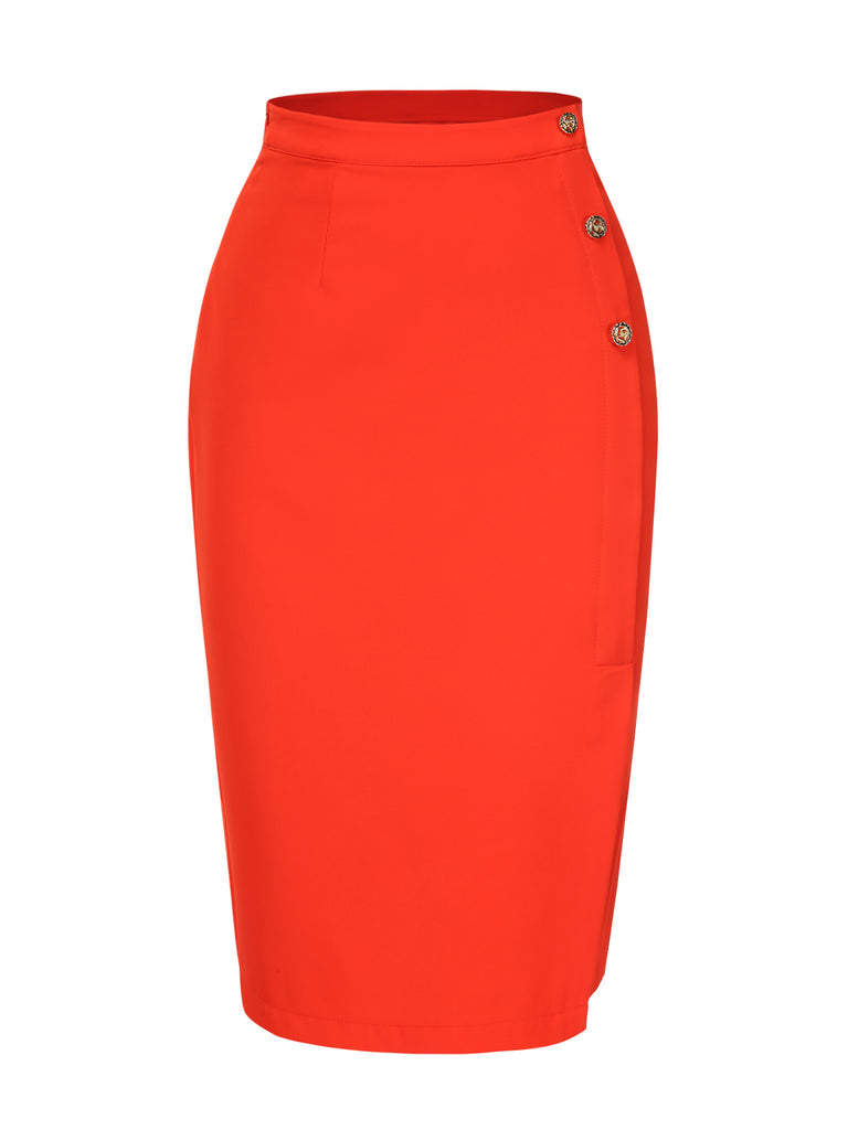 [Pre-Sale] 2PCS Orange Red 1960s V-Neck Rose Button & Solid Skirt