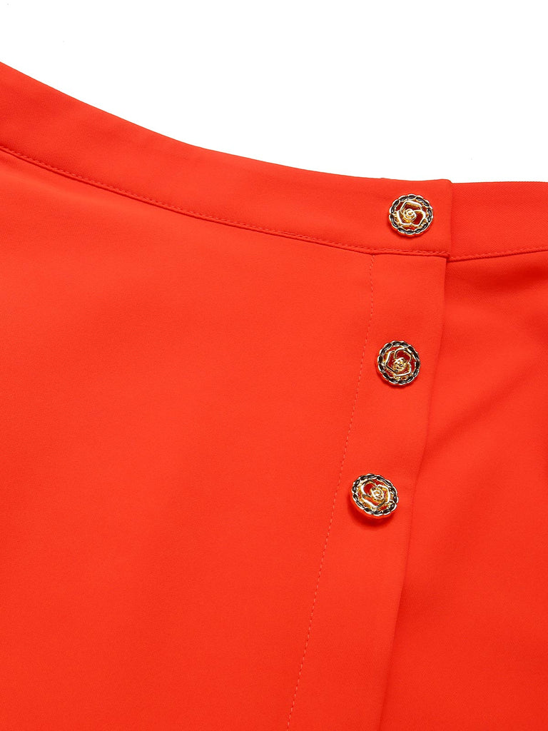 [Pre-Sale] 2PCS Orange Red 1960s V-Neck Rose Button & Solid Skirt