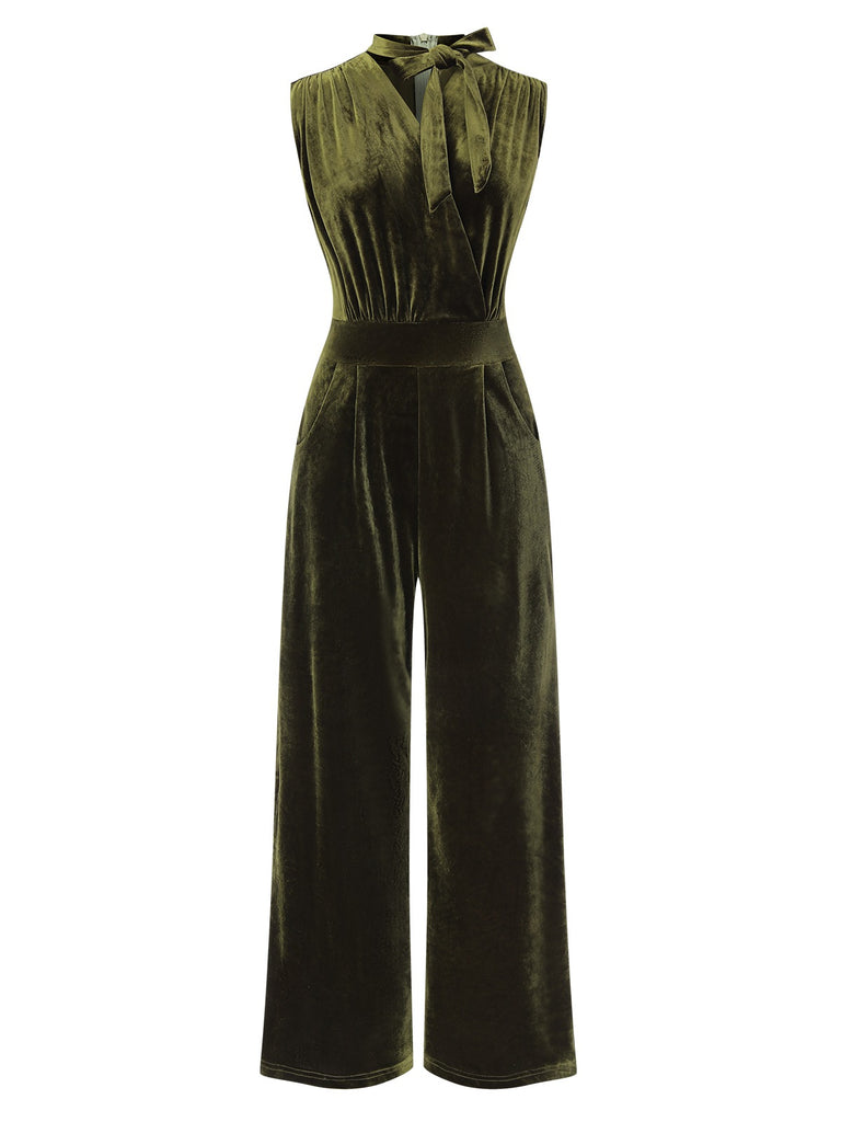 [Pre-Sale] Green 1940s Tie Neck Velvet Jumpsuit