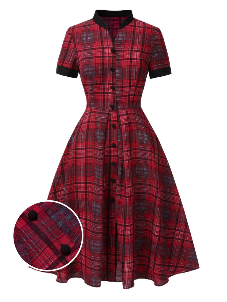 [Pre-Sale] Red 1950s Mandarin Collar Plaid Dress