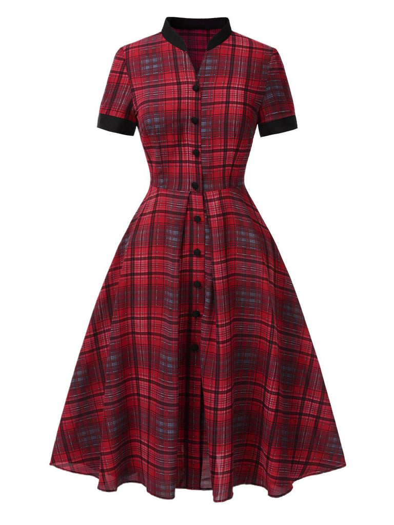 [Pre-Sale] Red 1950s Mandarin Collar Plaid Dress