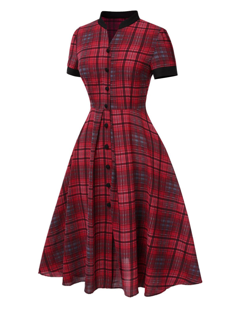 [Pre-Sale] Red 1950s Mandarin Collar Plaid Dress