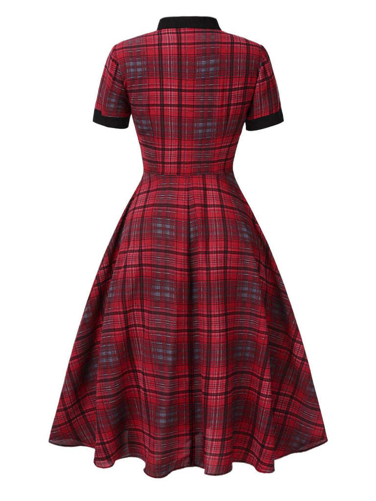 [Pre-Sale] Red 1950s Mandarin Collar Plaid Dress