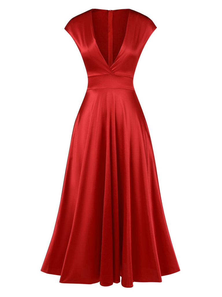 1930s Solid Deep V-Neck Satin Dress