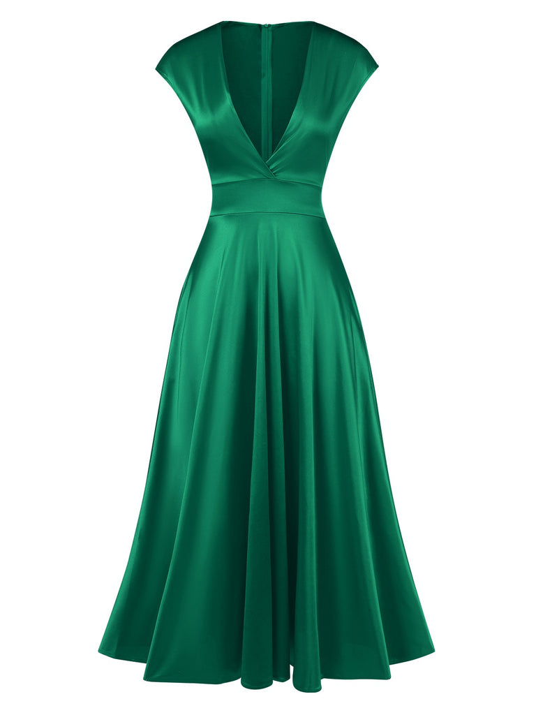 1930s Solid Deep V-Neck Satin Dress