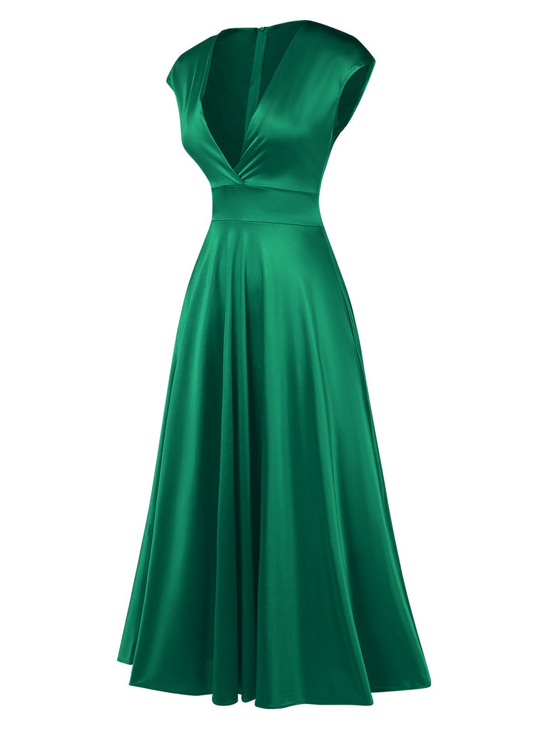 1930s Solid Deep V-Neck Satin Dress