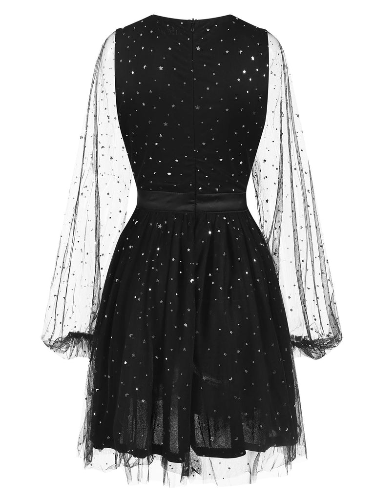 Black 1970s Star Sequins Lantern Sleeve Dress